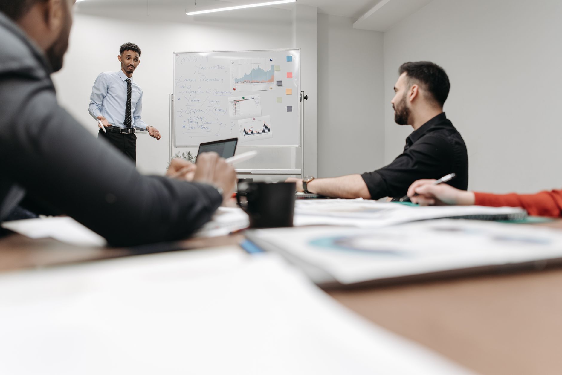 Corporate team during a presentation in an office setting, featuring discussions and planning. — Why is it Great to Use Indus
